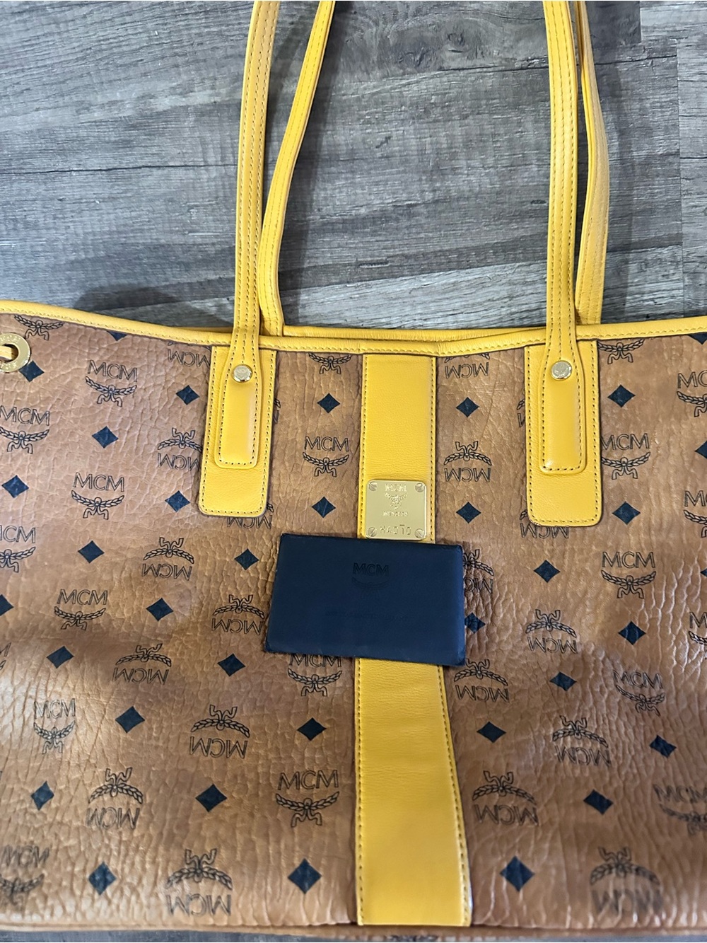 MCM Tan Visetos Tote with Yellow Leather Trim